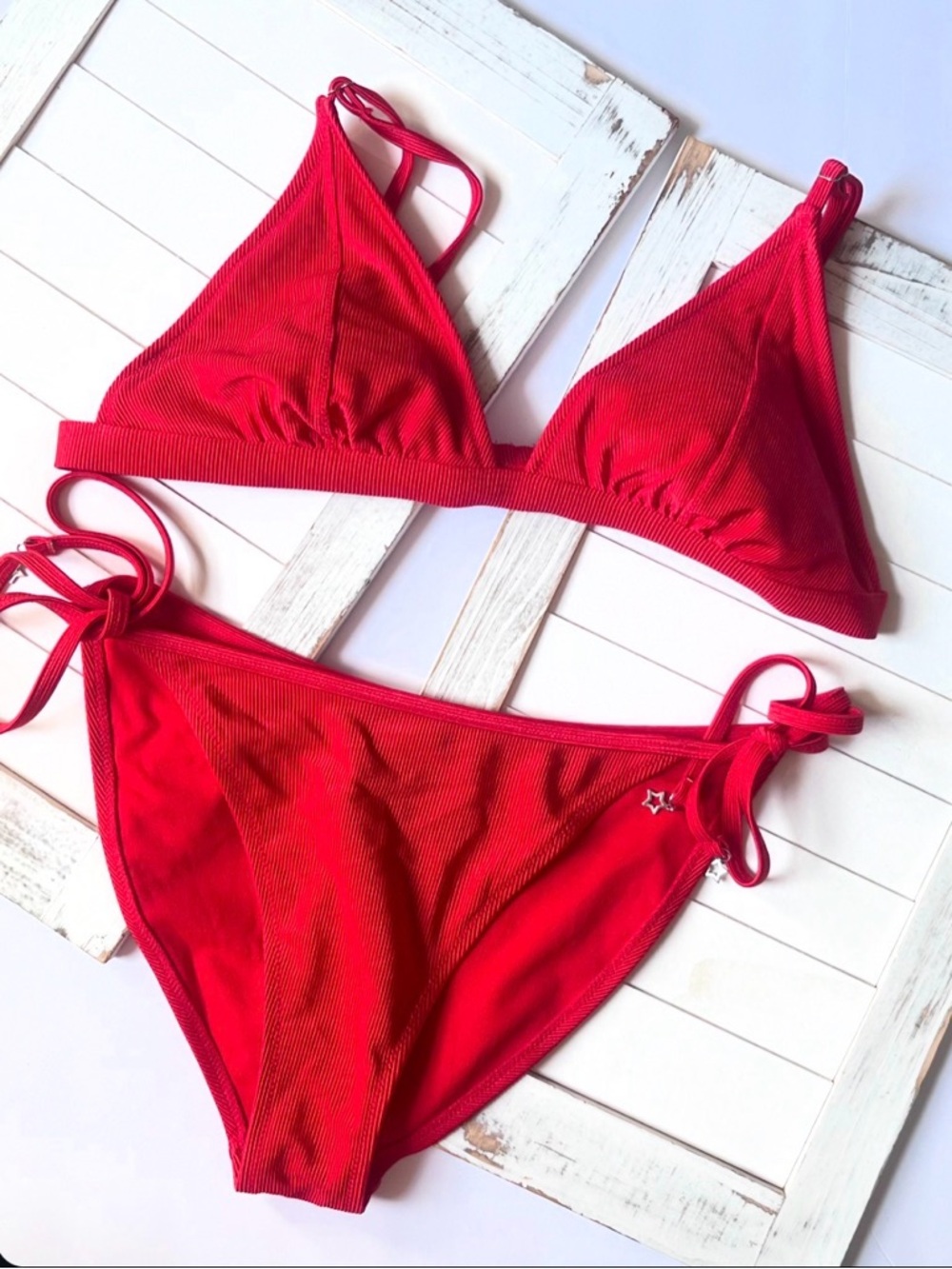 wild fable Red Ribbed Triangle Bikini with Tie-Side Bottoms